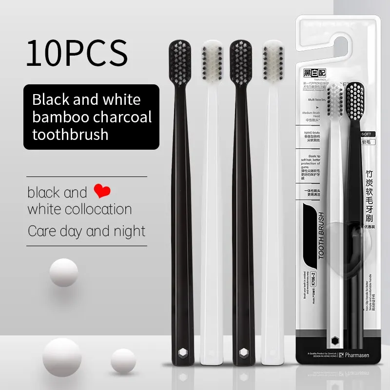 10PC Bamboo Charcoal Brush Silk Soft Bristle Adult Toothbrushes, Black and White MEN'S AND WOMEN'S Adult Toothbrushes, Family Se