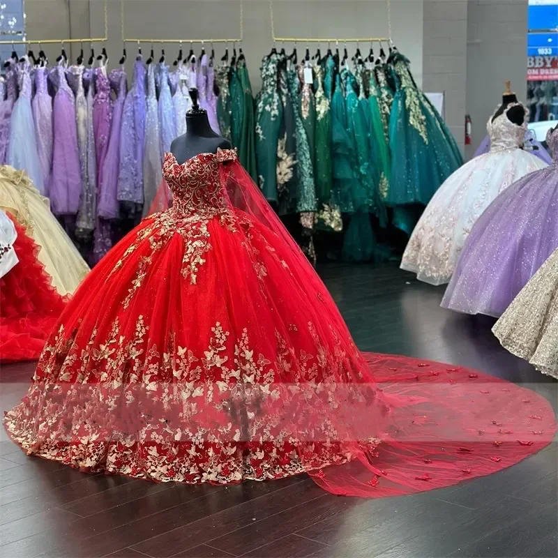 ANGELSBRIDEP Abiti Quinceanera di lusso rossi con mantello Abito dolce 16 Farfalla Appliques Cristalli Abiti De Xv Anos Personalizzato