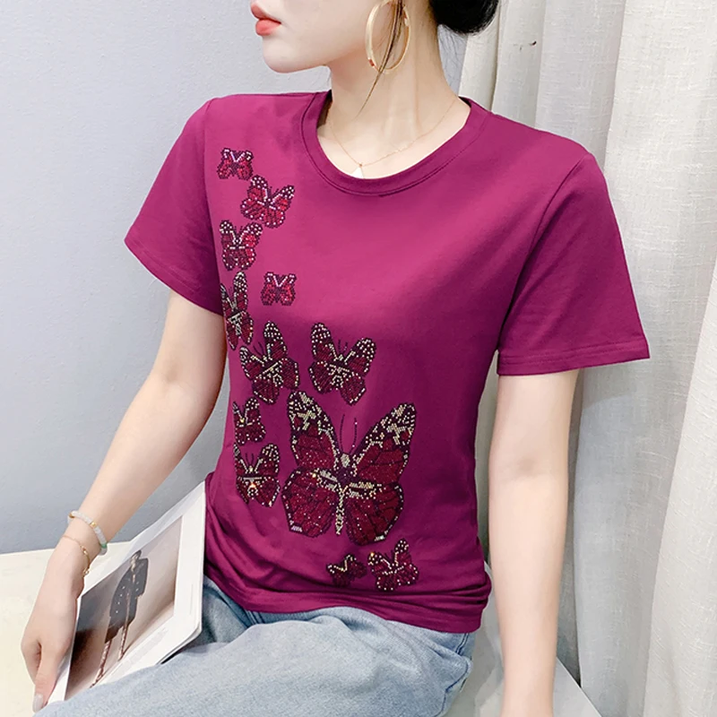 

2025 Европейский стиль, футболка с бабочкой и горячими бриллиантами, женские топы с короткими рукавами, повседневная свободная рубашка с круглым вырезом