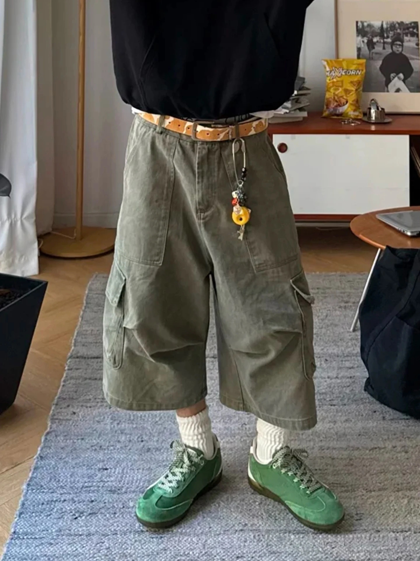 

Casual Cargo orts Men's Women's Vintage Waed mid Waist Straight Leg Seven Inches Long Faionable Youth Summer orts