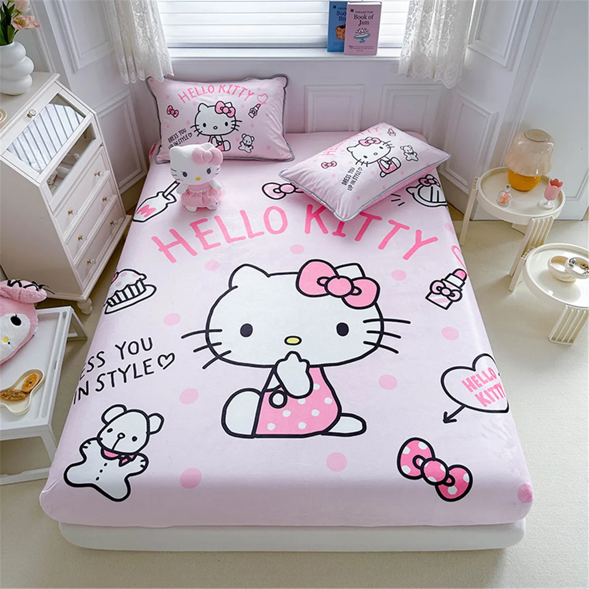 Cartoon Hello Kitty Fitted Sheet Set 3Pcs, 3D Anime Cat Design Bedding Set for Kids Adult Includes 1 Fitted Sheet,2 Pillowcases