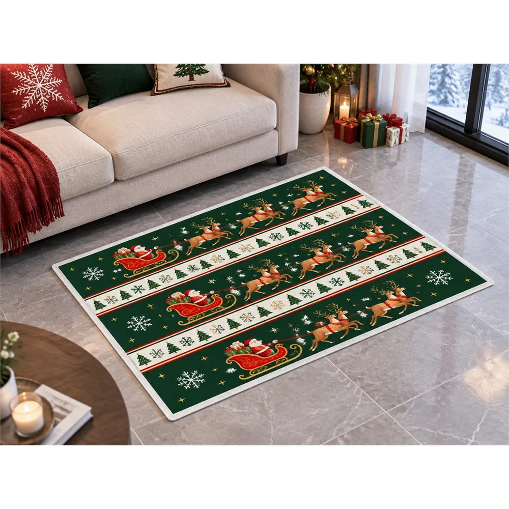 VIKAMA Christmas Pine Gold Sleigh Flannel Door Mat, Memory Foam Anti-Slip Mat, Christmas Decor for Farmhouse, Laundry, Playroom
