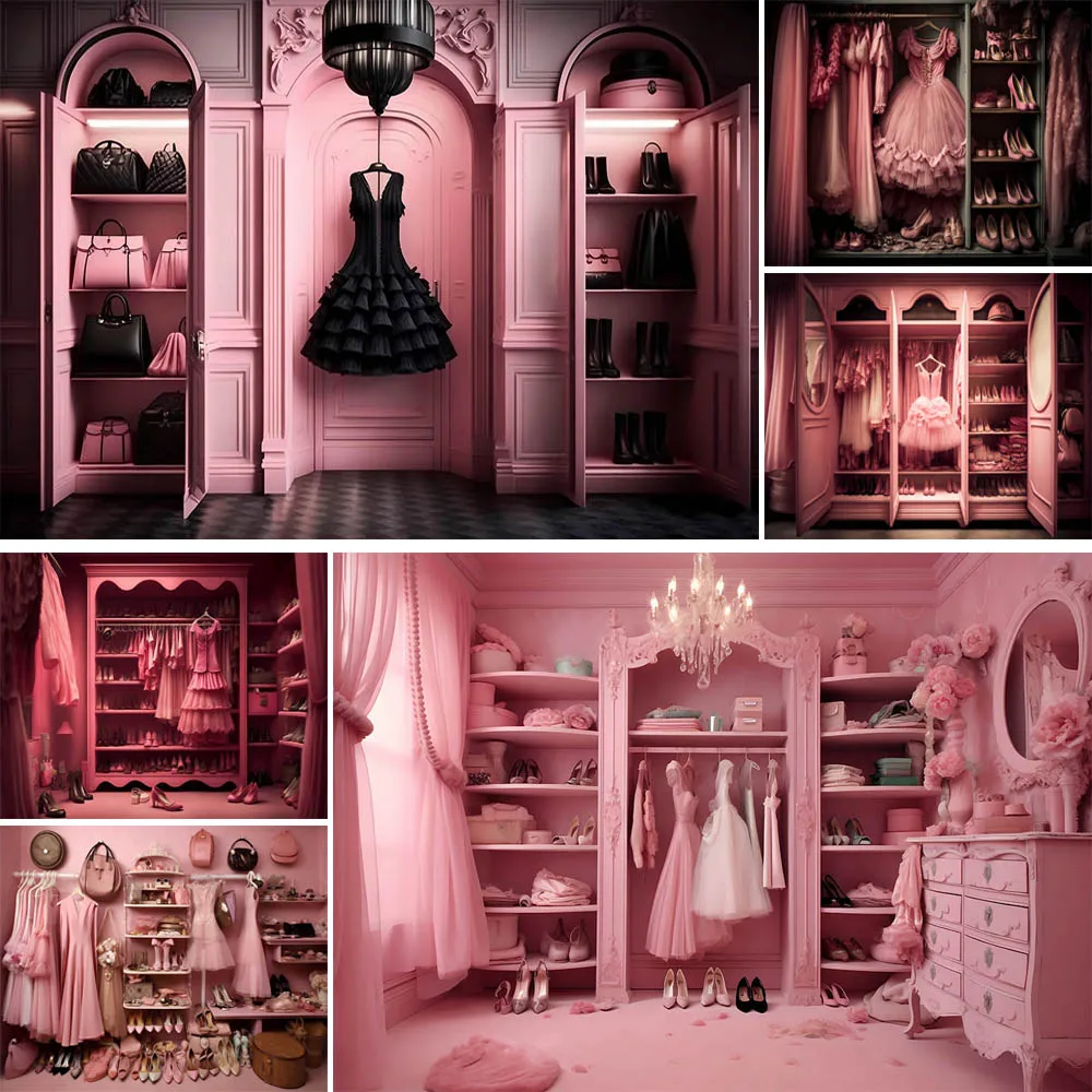 

Pink Dream Closet Backdrop Girl Birthday Portrait Photography Fashion Doll Dress High Heel Decor Cake Smash Background Photocall