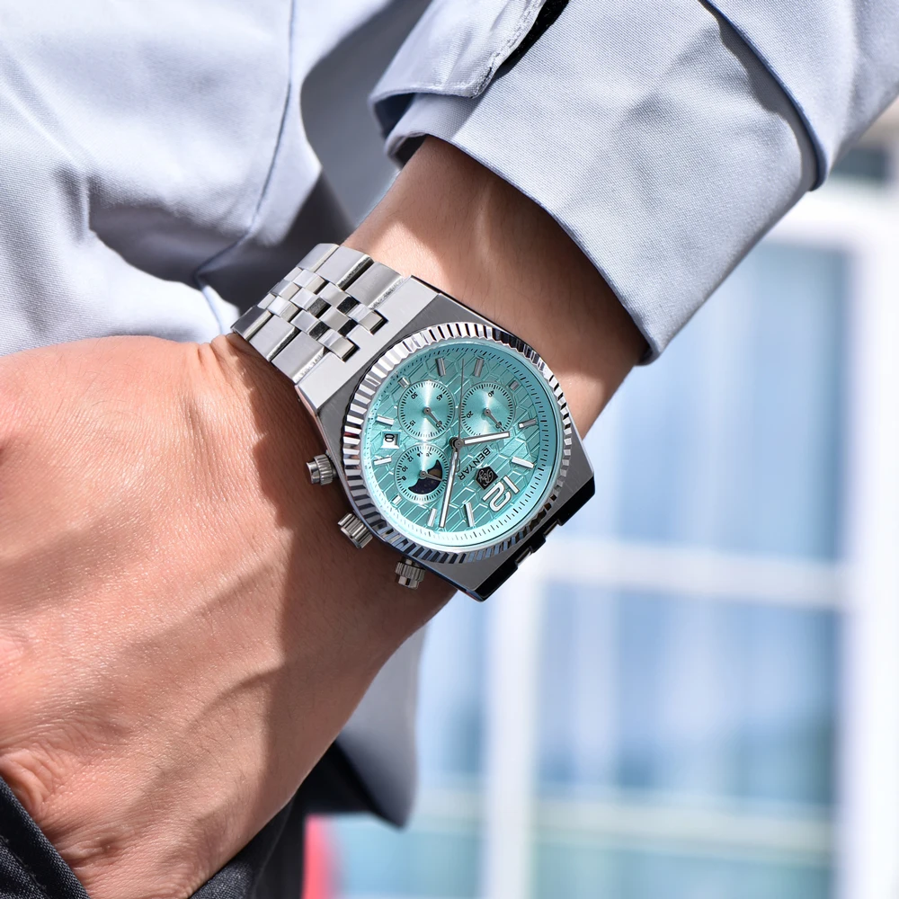 2025 New BENYAR Moon Phase Mens Watches Top Luxury Quartz Chronograph Watch For Men Stainless Steel Waterproof Sports Clock Gift