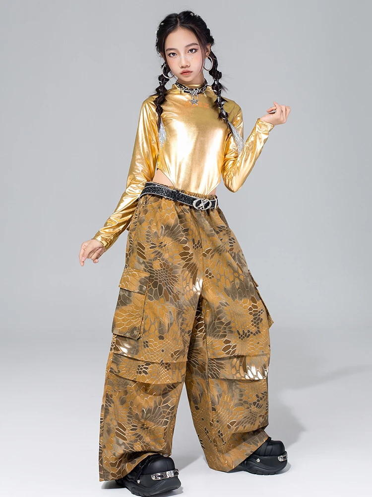 2025 roupa de jazz meninas kpop palco mostrar traje ouro dança desempenho outfit hip hop roupas de dança de rua criança moda calças 4588
