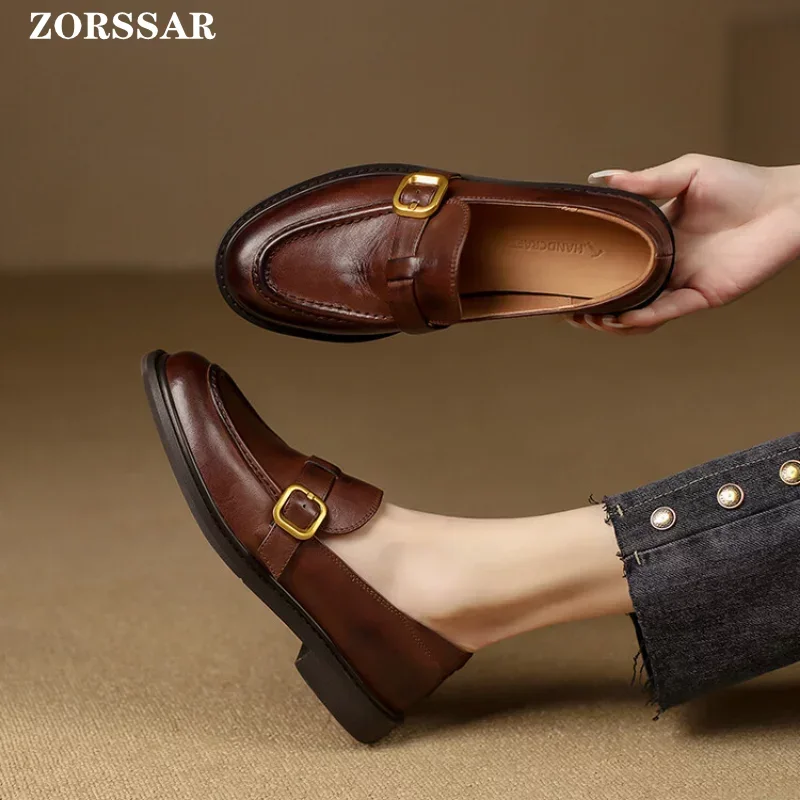 

Women Loafers Brown Black Leather Fashion Retro Slip On Low Heels Pumps Office Ladies Shoes Elegant Chunky Heels Single Shoes