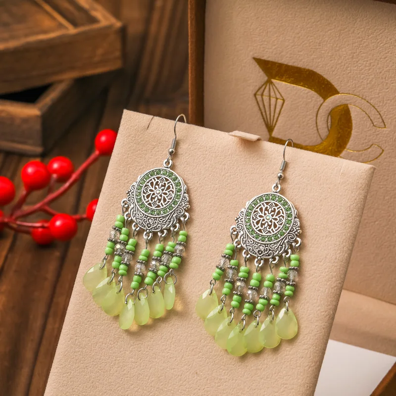 New Round Rhinestone Bohemian Water Drop Earrings for Women Ethnic Layered Rice Beads Temperament Earring Party Vacation Jewelry