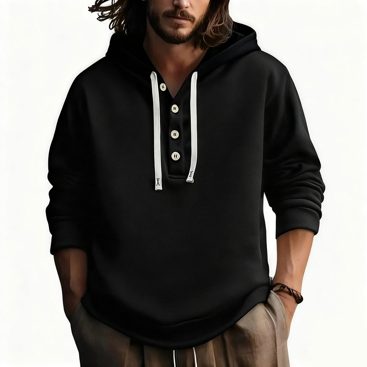 موضة جديدة لعام 2026 غير رسمية بأكمام طويلة وفضفاضة غير رسمية على شكل حرف v وزر بقلنسوة متعدد الألوان اختياري برباط جيب بقلنسوة للعرق