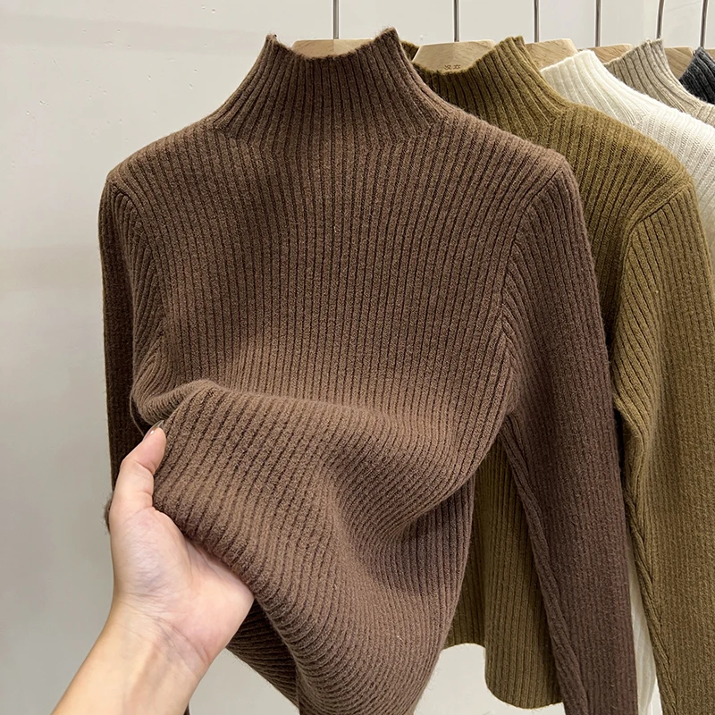 

2025 Warm Knitted Turtleneck Sweater Women Autumn Winter Solid Color Base Layer Top Korean Style Long Sleeves Versatile Pullover