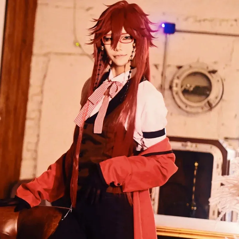 Black Butler Grell Sutcliff Michaelis Cosplay Costume Wig Uniforms Anime Cosplay Halloween Party Unisex Fancy Red Suit Glasses