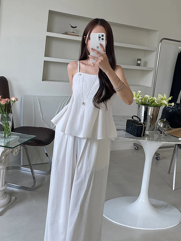 

Summer Faion Set Korean Sle Pure Desire Strap Top Women Loose Casual Wide Leg Pants Two Piece Set Young Women's Wear