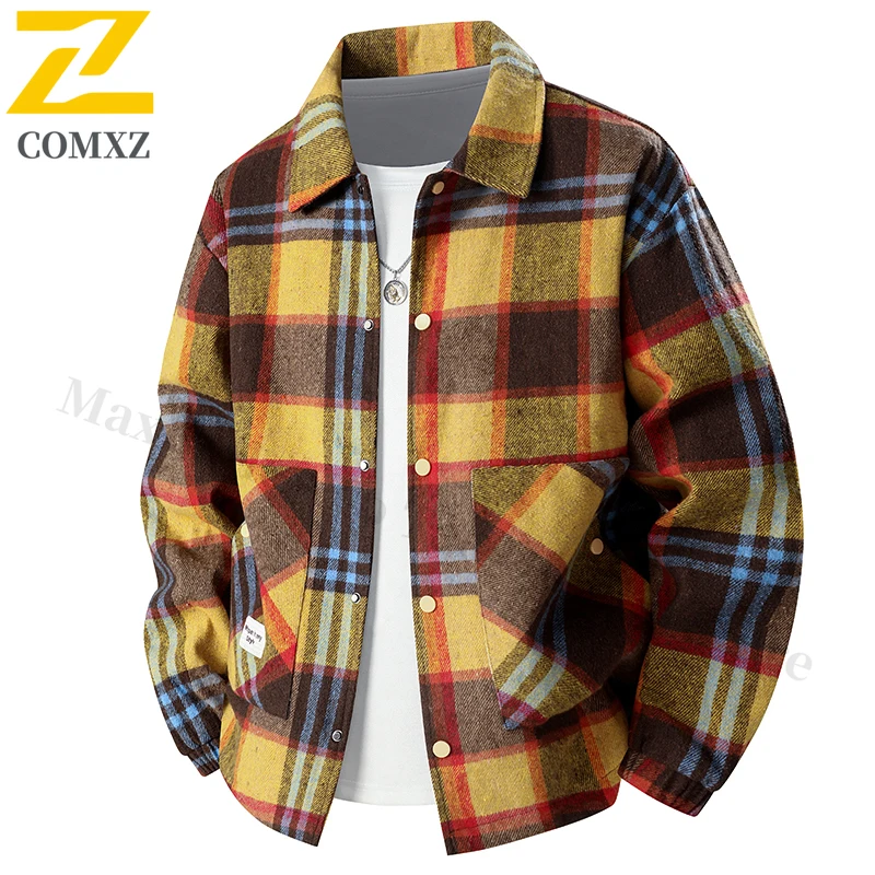 

L-9XL Men's Jacket 2025 Spring Autumn Plaid Stripe Splicing Comfortable Breathable Collar Jacket Outdoor Casual Loose Men Jacket
