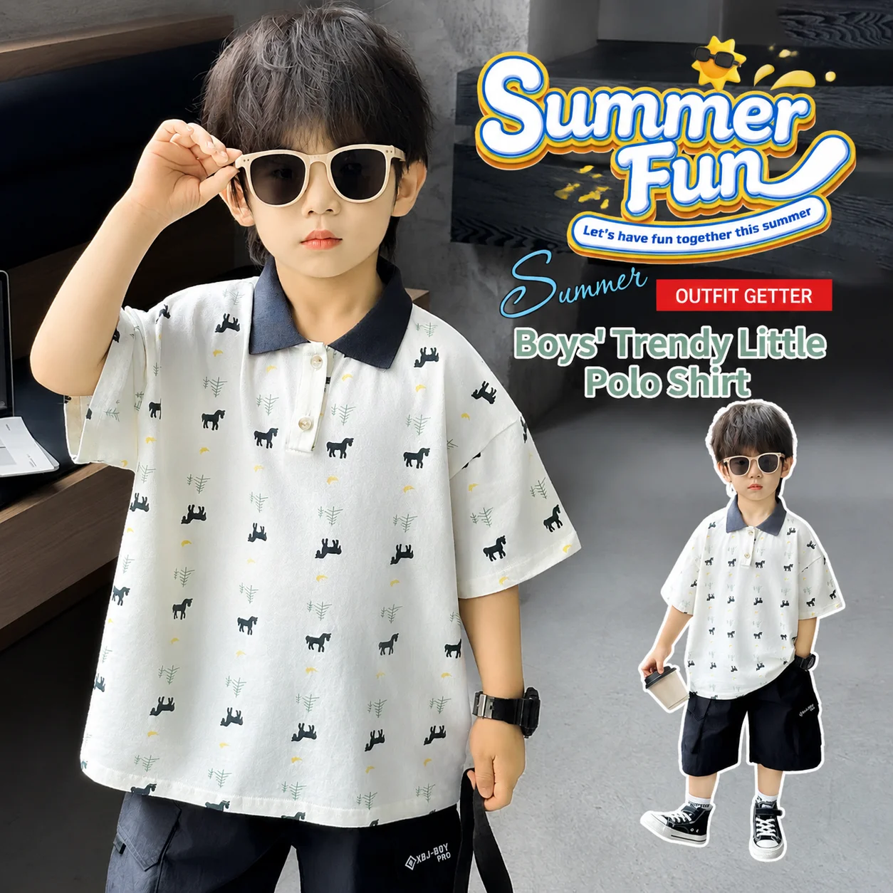 New Style Boys Cartoon Little Horse Print Polo Shirt, Summer Short Sleeve T-Shirt Kids Casual Breathable Tops Children Clothing