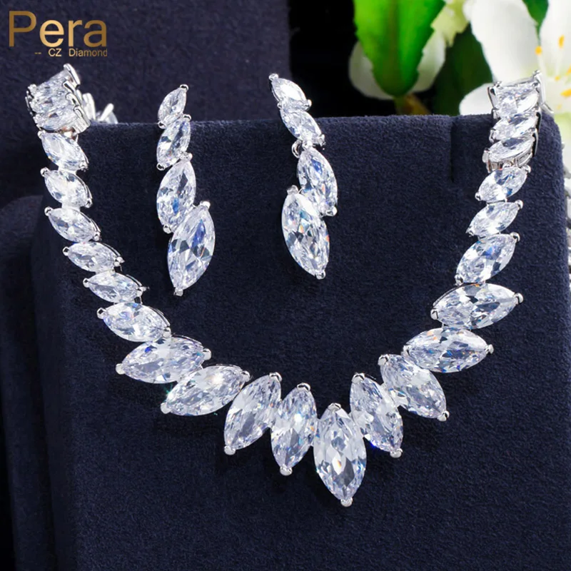 pera moda marquise corte limpo branco cz zirconia folha de casamento gota colar brincos conjunto para noivas damas de honra joias j316 01