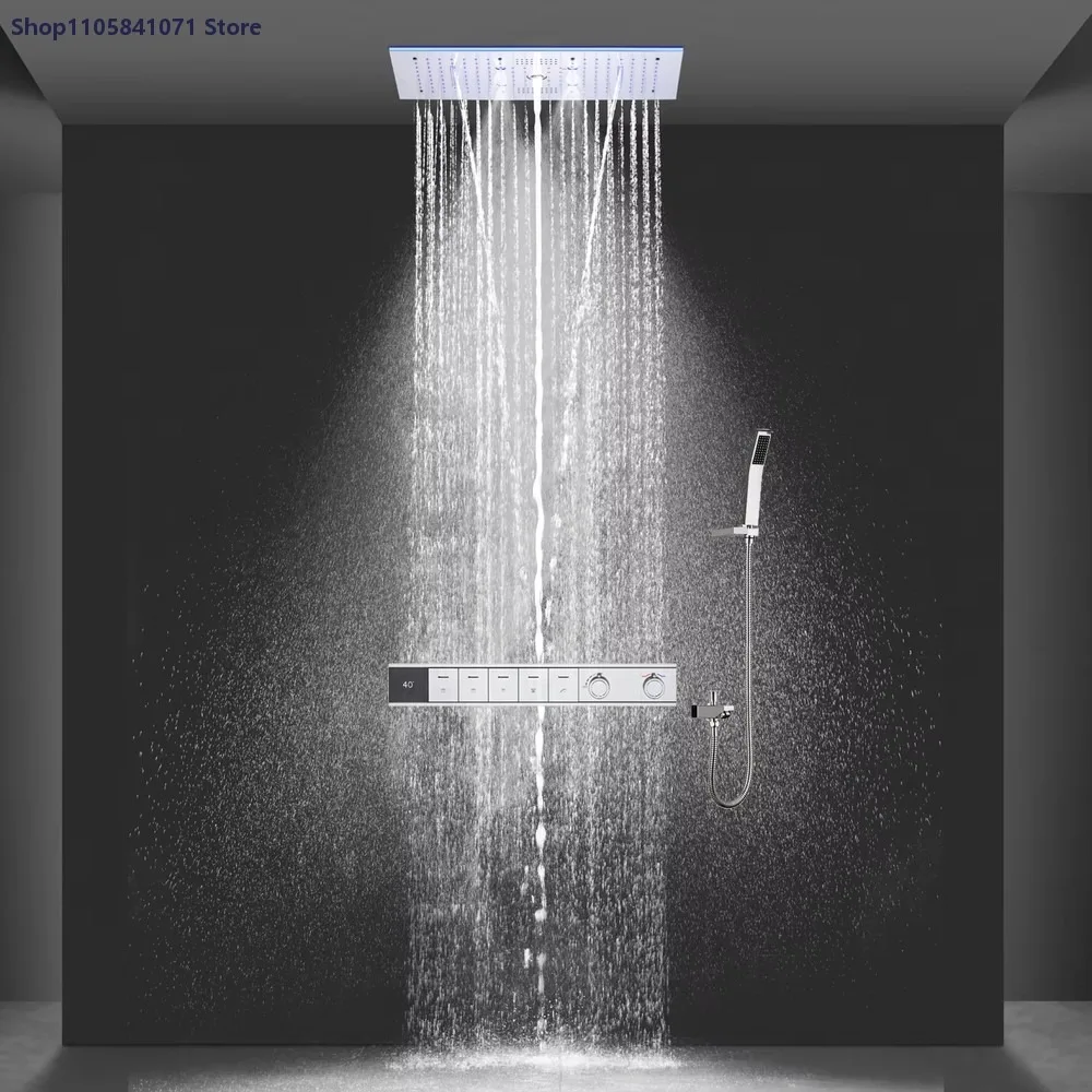 Luxury Bathroom Rain Shower Faucet Set 600x300mm LED Smart Shower Head Thermostatic Shower System with Waterfall