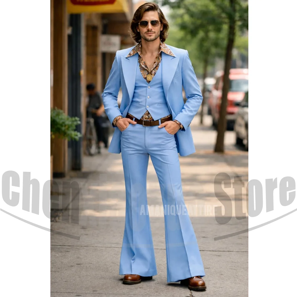 70s Retro Men Suit 3 Piece Chic Wide Peak Lapel Disco Groom Wedding Tuxedo Vintage Formal Male Party Stage Banquet Outfit