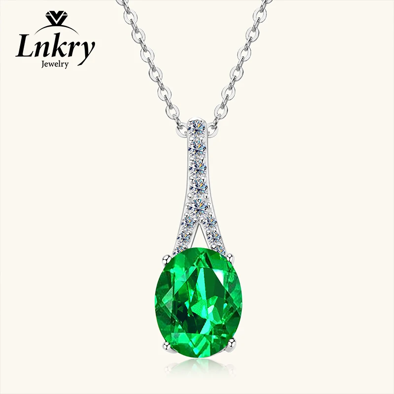 

Lnkry 925 Sterling Silver Necklaces 8x10mm Oval Cut Artificial Emerald Pendant Necklace For Women Valentine's Day Jewelry Gift