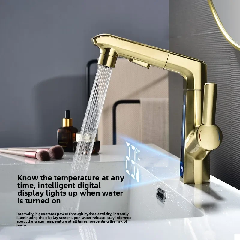 Golden bathroom faucet, all-copper digital display basin faucet, bathroom can be lifted and pulled down, basin hot and cold Taps