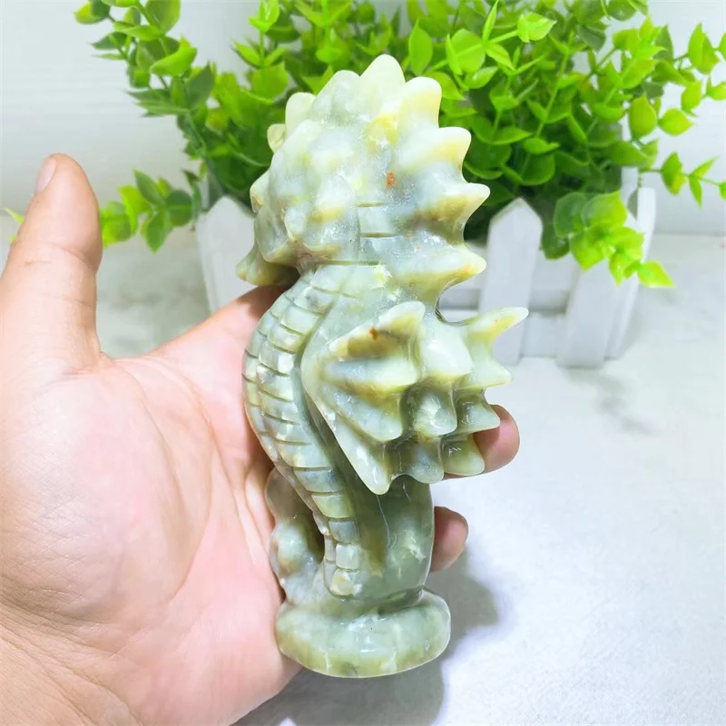 13cm High Quality Serpentine Crystal Seahorse Hand Carved Animal Healing Beautiful Gemstone Statue For Home Decoration 1pcs