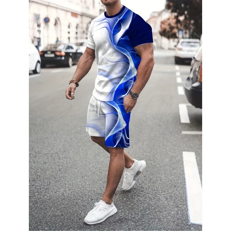 

2025 Men's 3D Fashion Unique Gradient Printed Short Sleeved T-shirt and Shorts Set Round Neck Casual Outdoor Sports Fitness