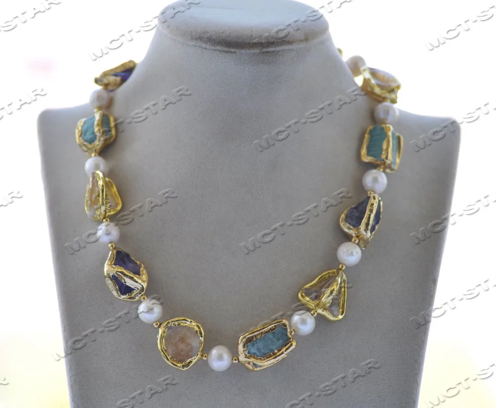 Z12244 Set 22mm Baroque Citrine Amethyst Aquamarine Gold-Plated White Pearl Necklace Bracelet Earring