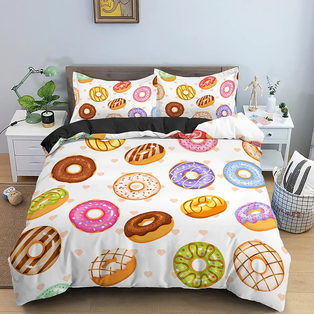 Colorful Donut King Size Duvet Cover Cartoon Sweet Chocolate Dessert Bedding Set for Kids Girl Food 2/3pcs Polyester Quilt Cover