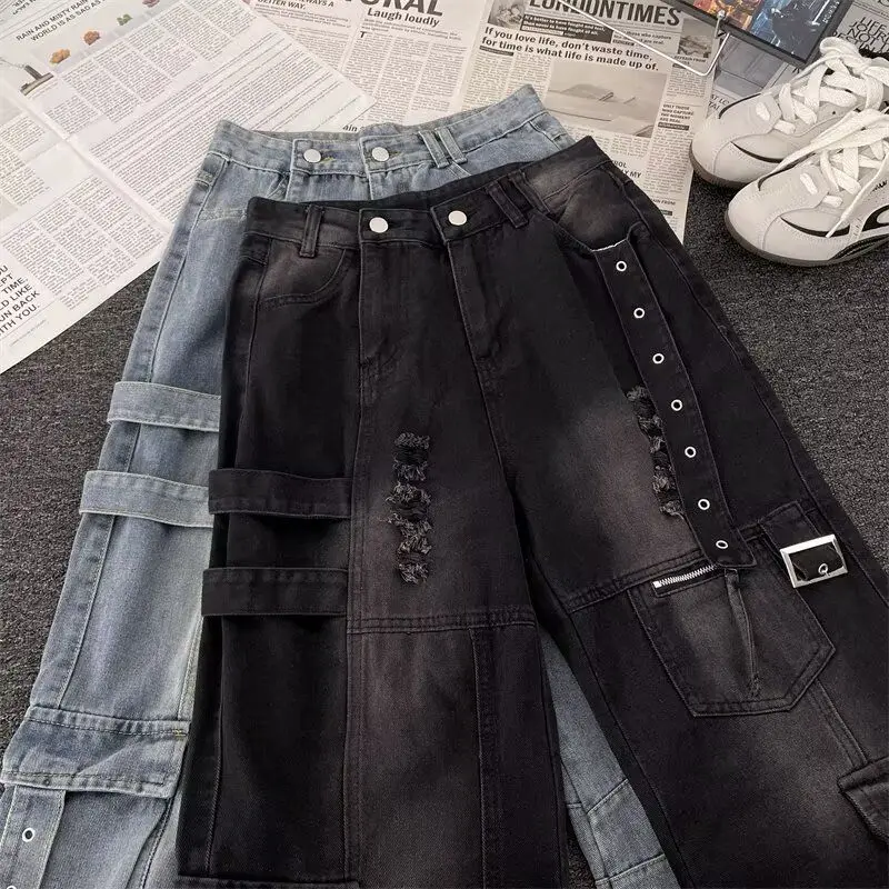 Men's Multi Pocket Splicing Design Denim Pants Cityboy Streetwear Baggy Jeans Fashion Bottoms Retro Male Loose Trousers