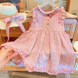 Bear Leader Baby Girls Colorful Plaid Print Princess Dress Summer Flying Sleeves Kids Clothes Casual Outwear Outfits 2-7 Years