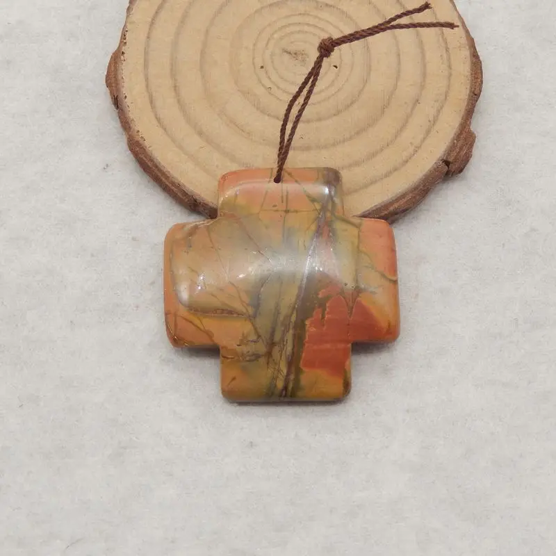 

Handcrafted Multi-Color Picasso Jasper Cross Pendant on Brown Cord Natural Artistic Gemstone for Boho & Spiritual Jewelry Design