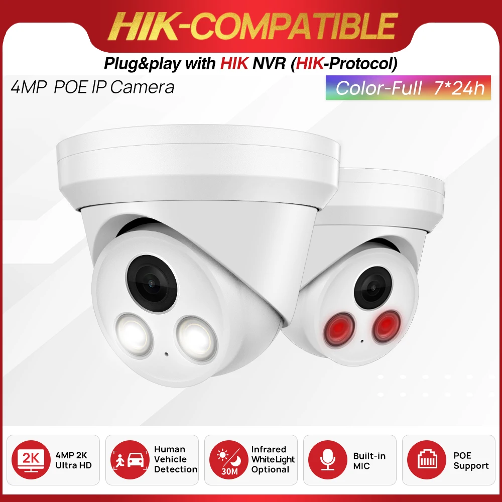 Hikvision Compatible 4MP ColorVu POE IP Camera IR Night Colorful 2K Build in MiC IP67 H.265 Human Vehice Security Detect CCTV