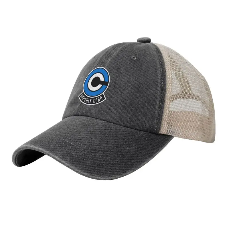 Gorras de béisbol de malla con estampado Capsule Corp, gorra vintage de algodón lavado con efecto desgastado, gorra trucker de perfil bajo, sombreros de sol transpirables para verano