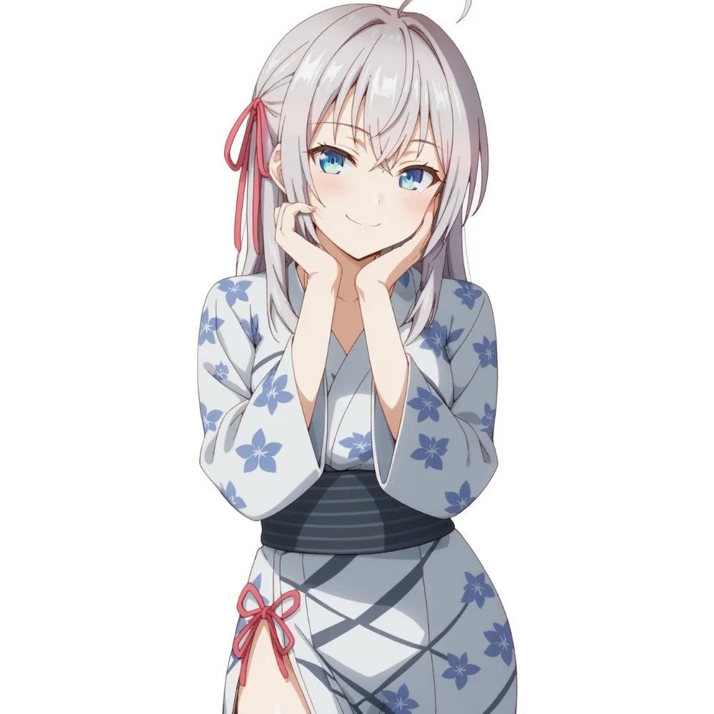 Pegatina de vinilo impermeable de 15 cm con diseño de chica anime, pelo plateado, ojos azules y kimono, para coche, casco de motocicleta y portátil