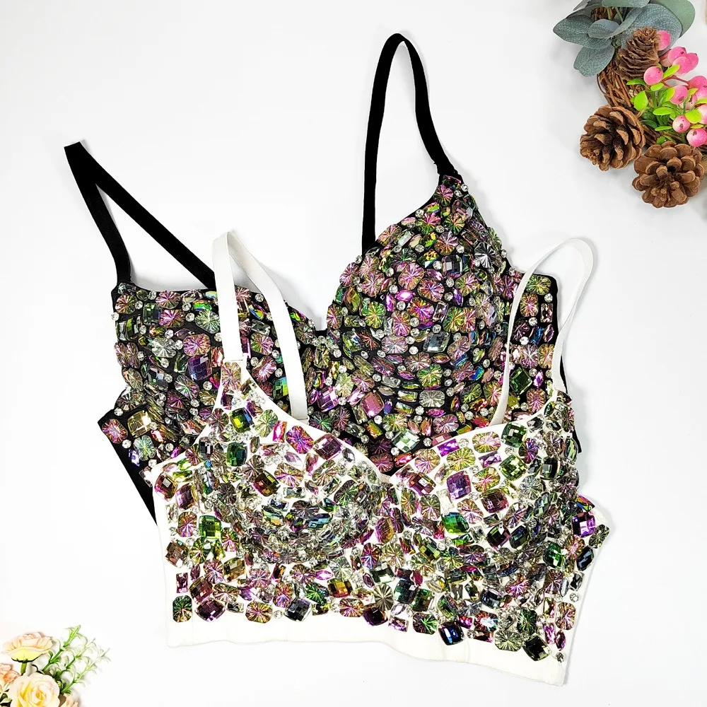 IRENE TINNIE 2023 Summer Fashion Collouful Rhinestones Corset Glitter Diamonds Crop Top Women Party Clubwear Festival Clothing