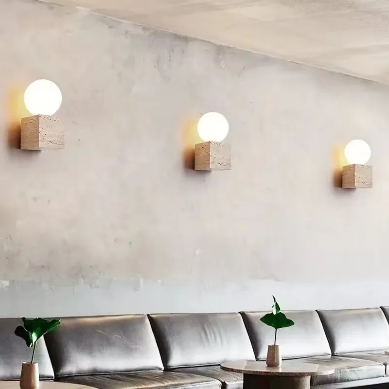 Wabi-Sabi Travertine Wall Light Bedside Yellow Hole Stone Wall Lamp for Corridor Dining Room Bedroom Living Room Restaurant Home