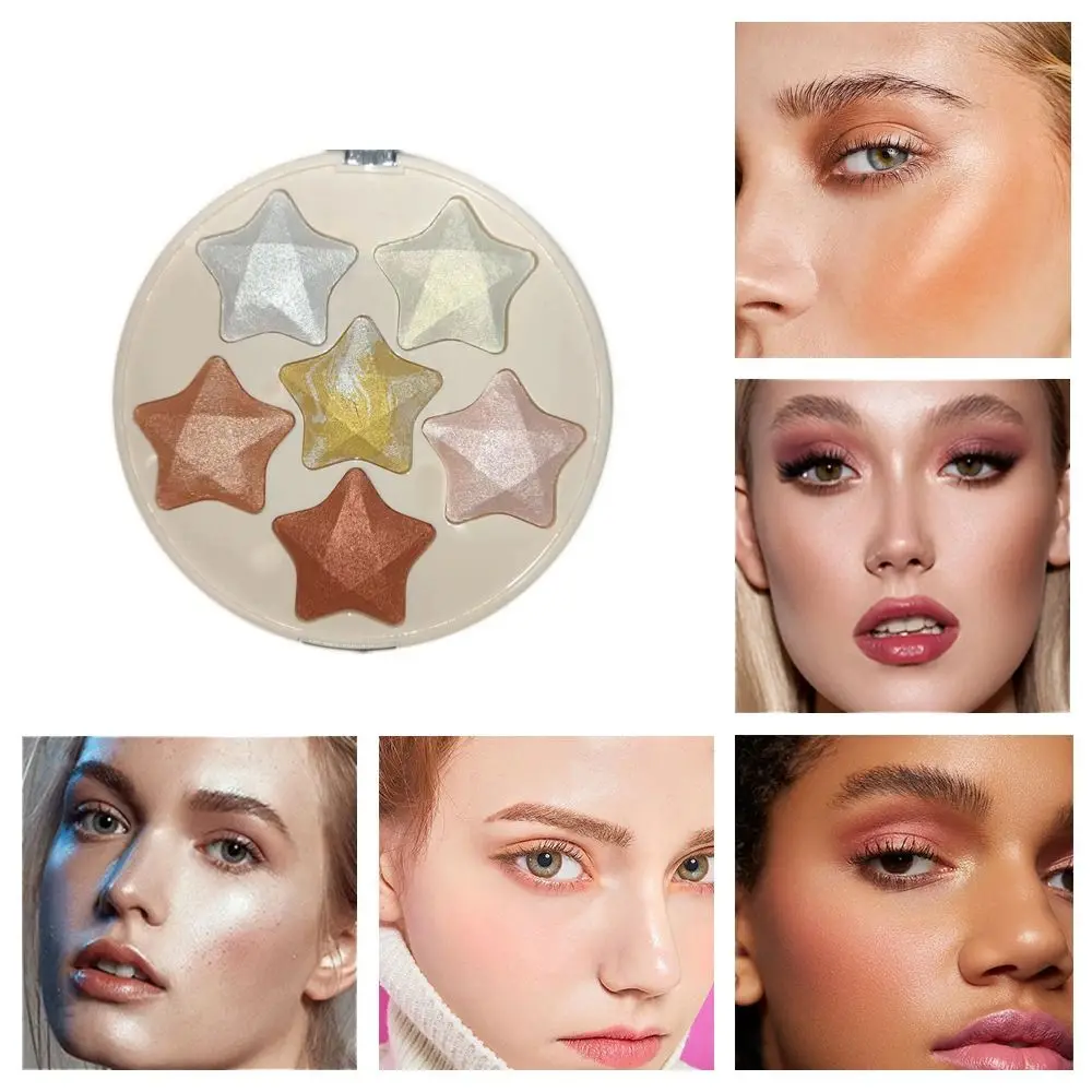 Five-pointed Star Glitter Highlighter Palette ธรรมชาติ 6 สี Face Contour Blush Palette Brighten อายแชโดว์กันน้ํา Palette