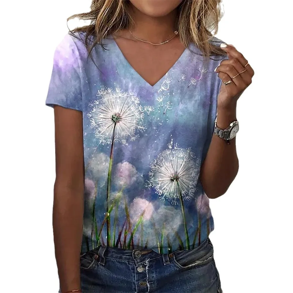 Mulheres plantas e flores camiseta de manga curta estampada 3D com decote v, roupa de rua, moda casual, verão