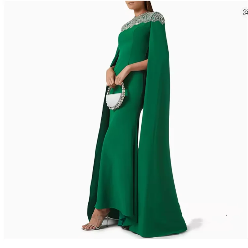 Robe de soirée élégante saoudienne pour mariages, personnalisée, col rond, manches Cape, perles, strass, longueur cheville, robe de soirée arabe