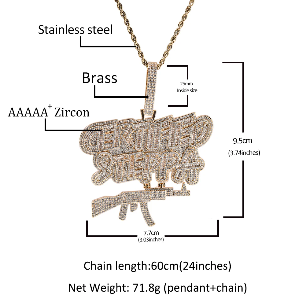 UWIN CERTIFIED STEPPA Baguettecz Pendant Necklace for Men Iced Out AK47 Charms Pendant Hip Hop Fashion Jewelry