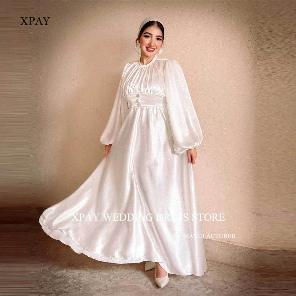 

XPAY Modest White Dubai Arabic Women Formal Evening Dresses Puff Long Sleeves O-Neck Soft Satin Prom Occasion Gowns Plus Size