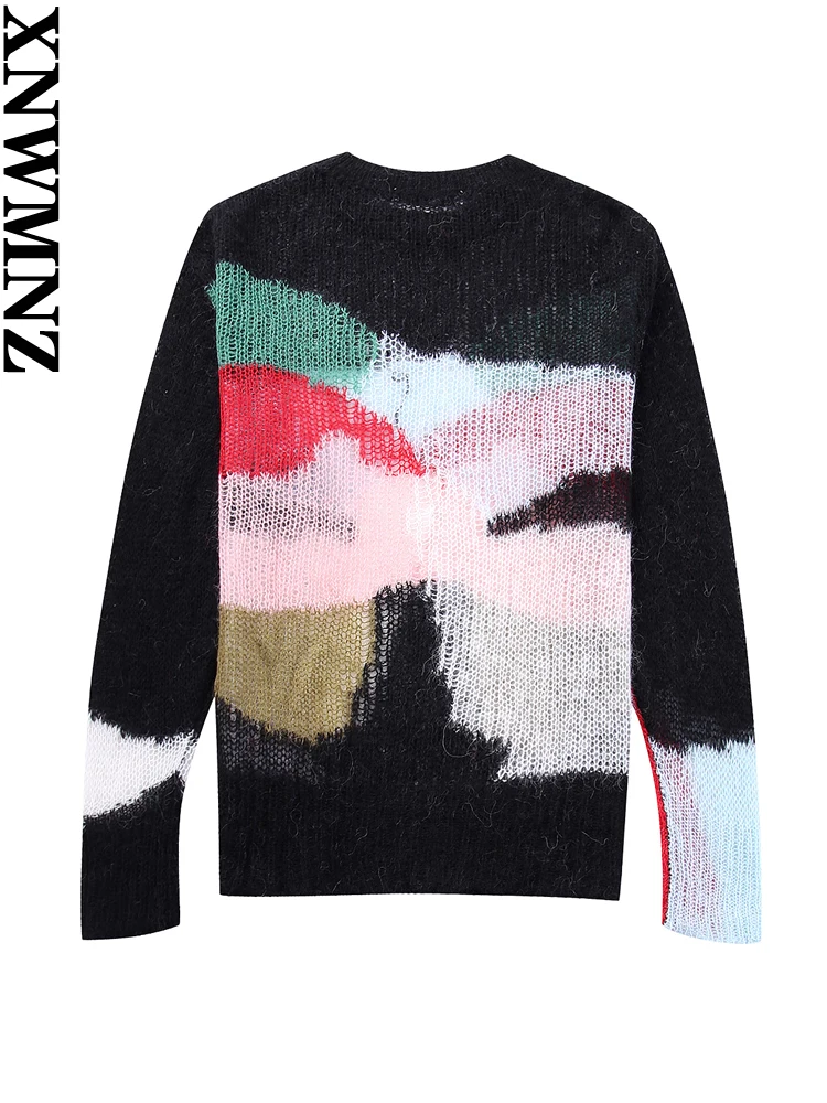 XNWMNZ Women's Fashion 2023 Autumn Colour Block Knitted Sweater Women High Street O Neck Long Sleeve Versatile Female Pullover