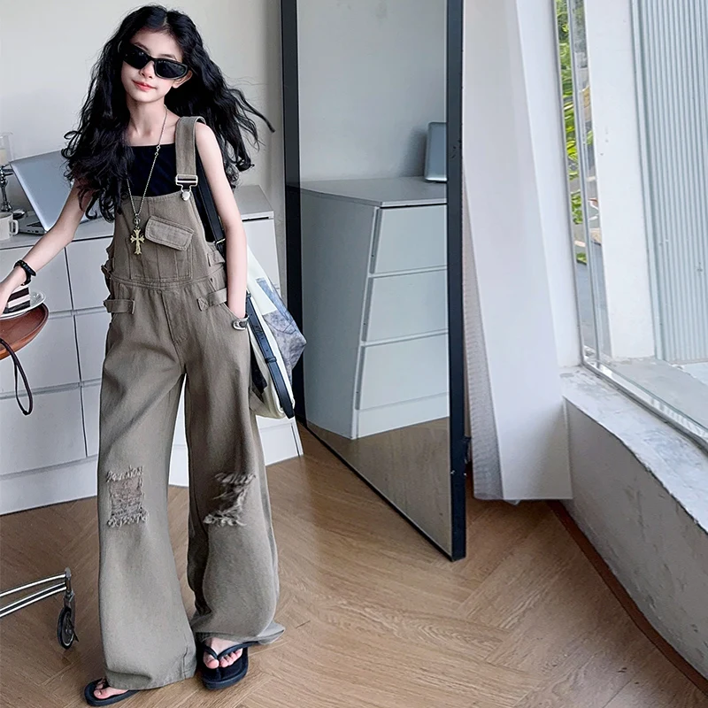 

Baby Girls Overalls Pants Kids Casual Fashion Suspenders With Hole Design Child Summer Jumpsuit Toddle Girls Pants Size 6-14Y