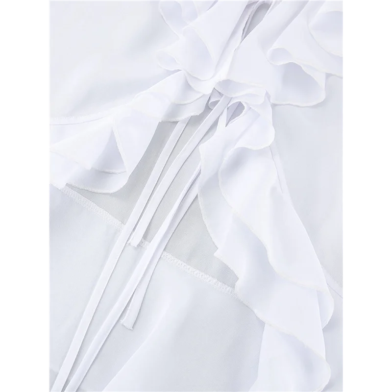 ผู้หญิง Tie ด้านหน้า Tops SHEER ตาข่าย Bell แขนยาว Ruffle เสื้อเสื้อ Crop TOP