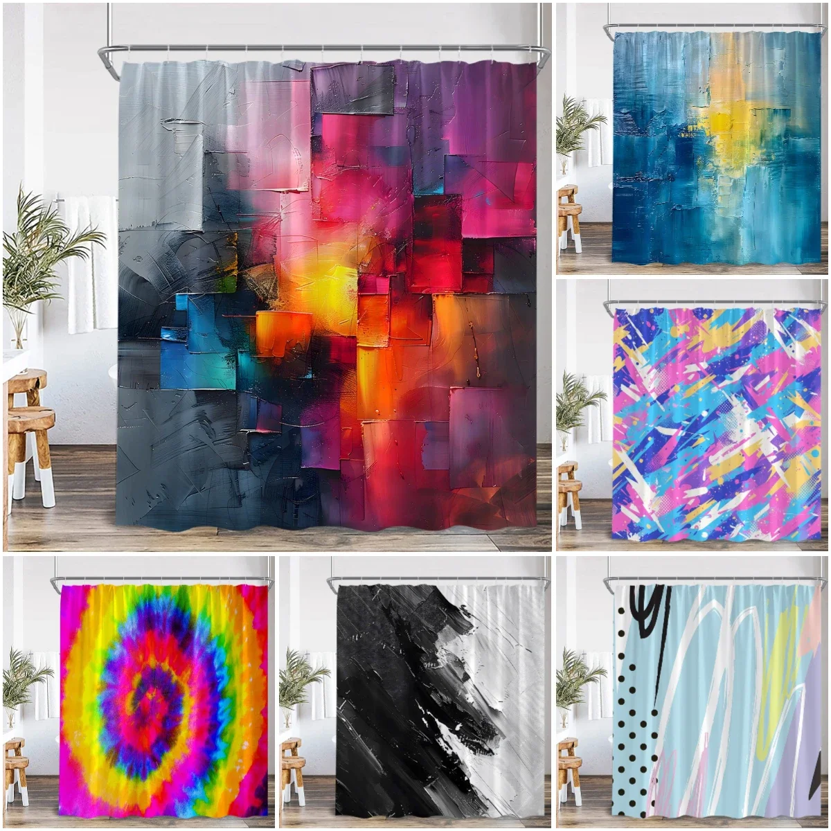 Color Pattern Abstract Shower Curtain Colors Block Black Pink Purple Blue Rainbow Home Decor for Bathroom Polyester Bath Curta
