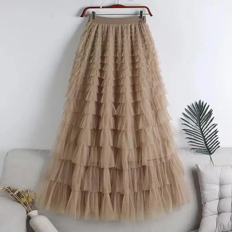 Elegant Ruffle Edge Mesh Skirt For Women 2024 Summer New Style Socialite Long Dress Slimming Cake Skirt Women's Clothing