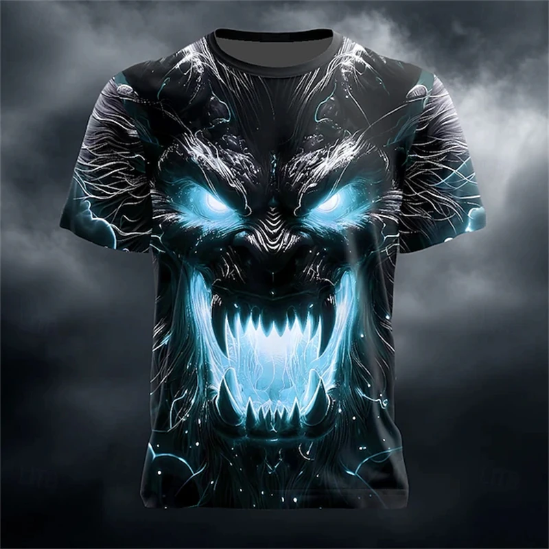 2025 New Men's Summer Round-neck T-shirt Outdoor Loose and Casual Short-sleeved Retro Men's Scary Ghost Face Print T-shirt