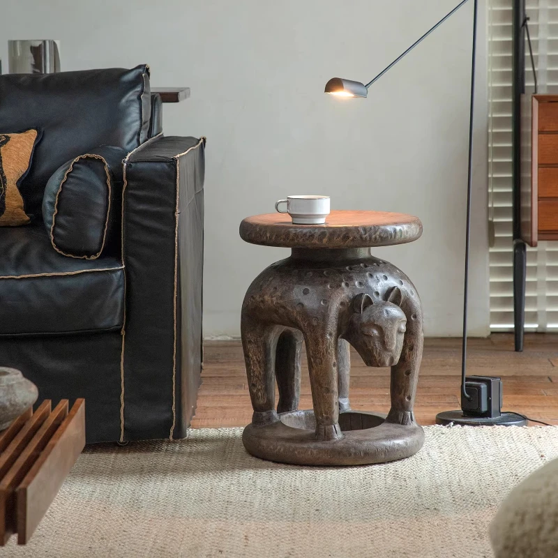 Tribal style all-solid wood decorative stool, wabi-sabi mid-ancient style edge