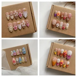 10Pcs Manicure Handmade Art Acyrlic Press on Nails Medium Almond  Pattern ABS Nails Cute 3D Flower Style Design Nail with Set