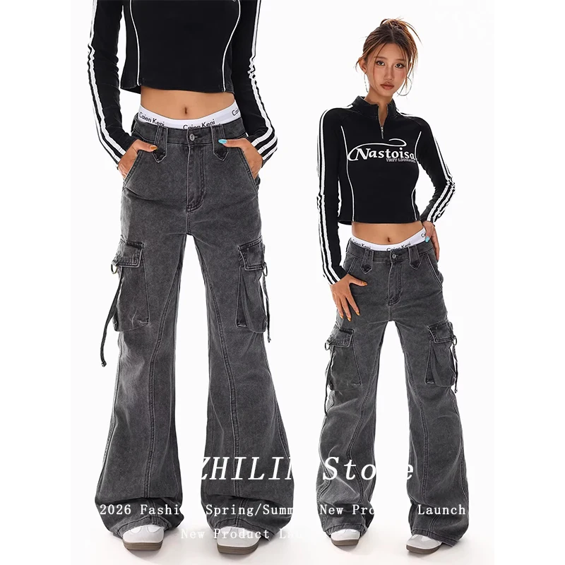 

Женские джинсы-карго в американском ретро-стиле Y2K, серые, с эффектом потертости, облегающие, для уличной моды, длинные брюки, панталоны