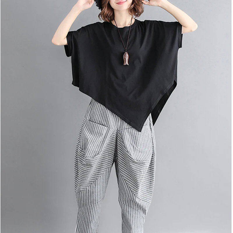 Korean Elegant Fashion Solid Color Short Sleeve T-Shirts Sets Women Elastic Waist Striped Irregular Cotton Hemp Haren Pant Suits