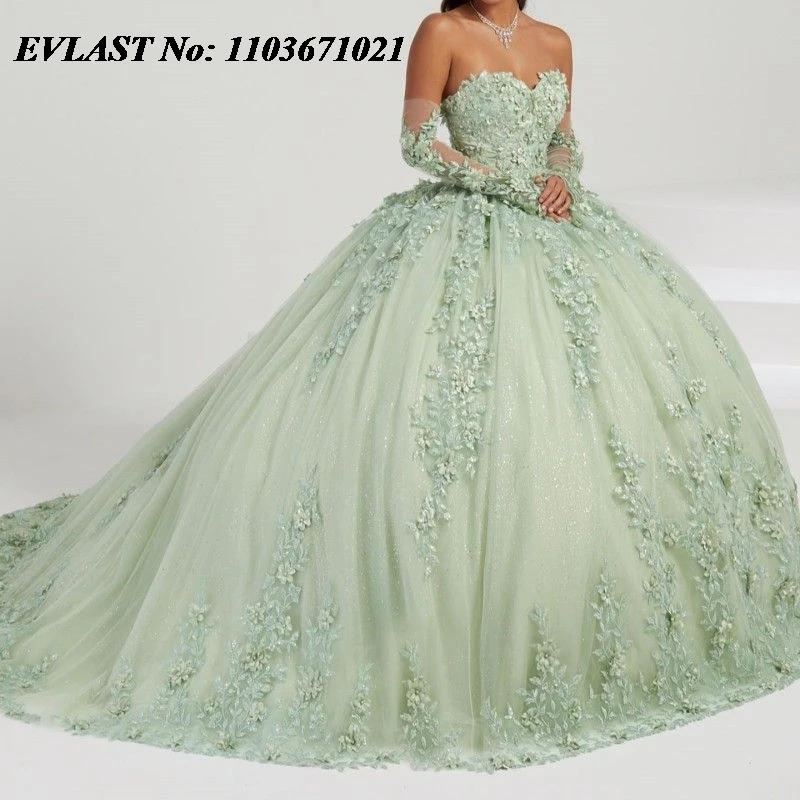 EVLAST Personalizado Sage Verde Quinceanera Vestido de Baile Vestido de Renda Applique Beading Com Capa Doce 16 Vestidos De XV 15 Anos SQ38